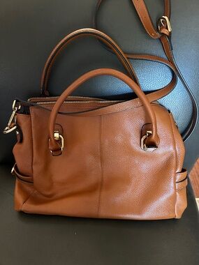 Classic Cognac Satchel Handbag with Top Handles and Crossbody Strap